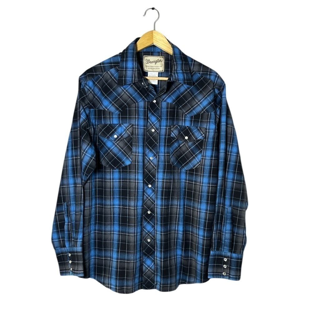 Wrangler Retro Men's Blue Black Plaid Pearl Snap Western Shirt Large